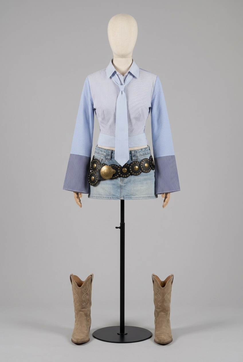 The outfit on a dress form